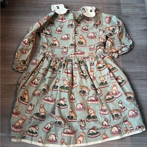 Deux par deux Vintage Cat Print Dress with Collar